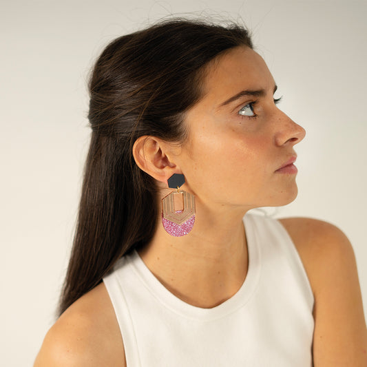 Pendientes hexágonos purpurina rosa